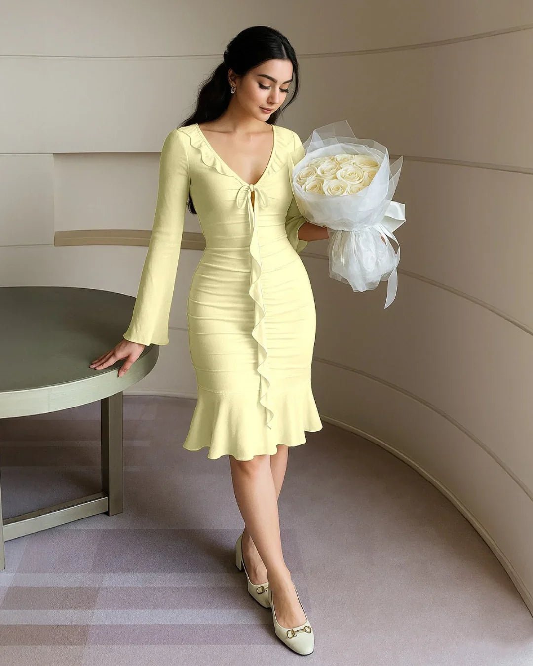 Vanilla Ruffle Hem Mini Dress with Long Sleeves