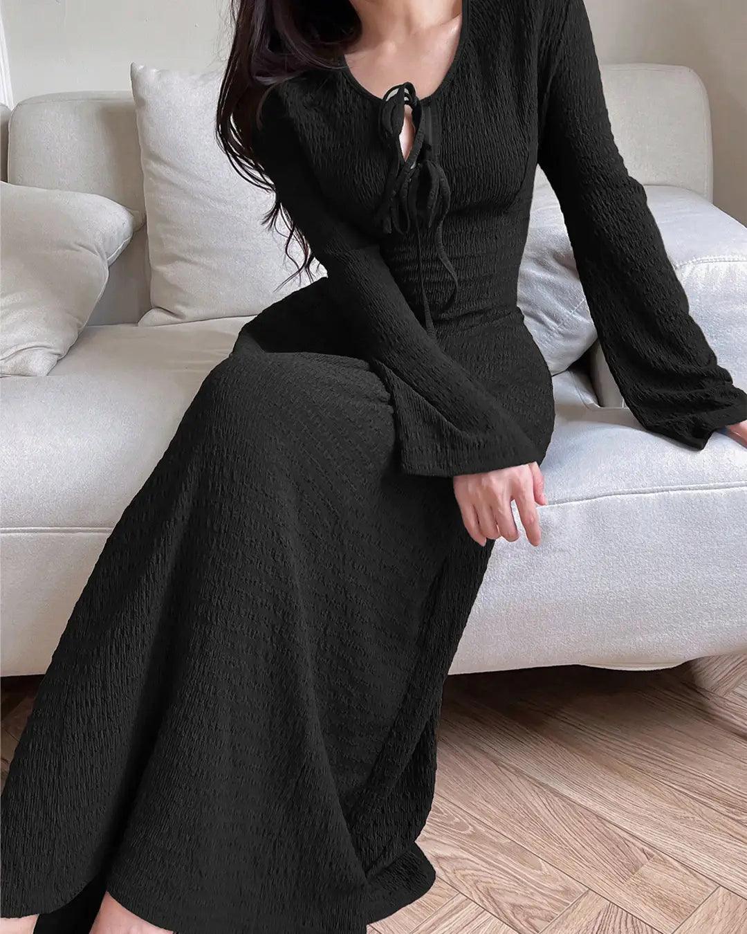 Front Long Sleeve Casual Long Dress In Black Littlebox India