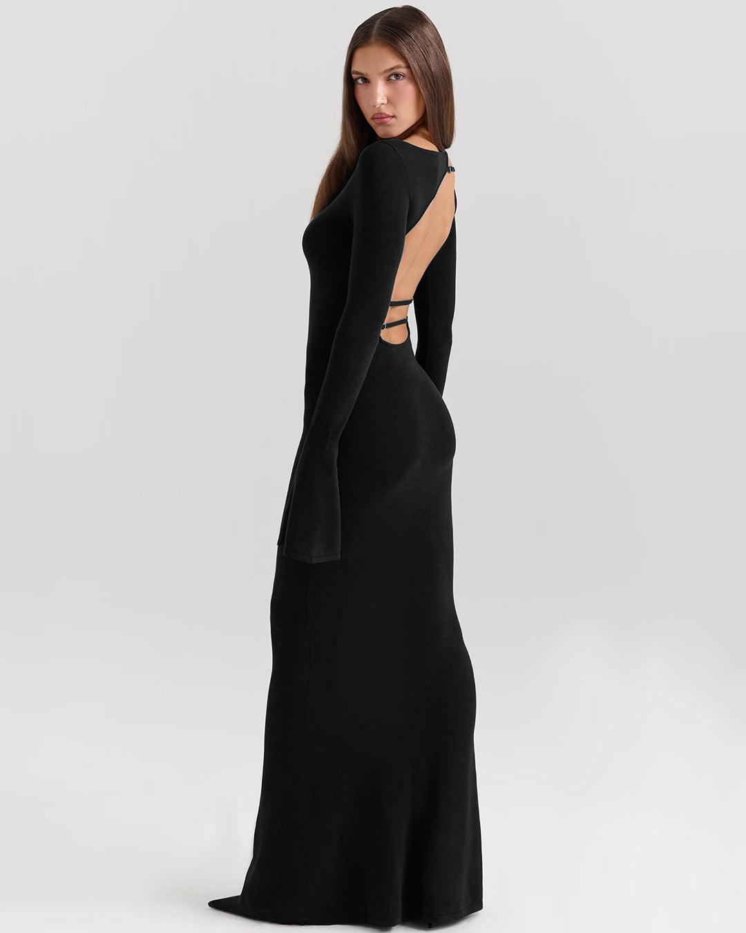 XS Full Sleeve Bodycon Backless Dress In Black