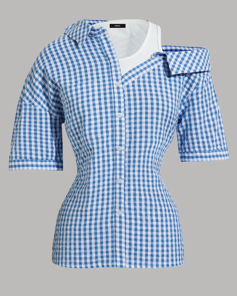 Blue and white gingham checkered short sleeve button-down shirt with a classic collar.
