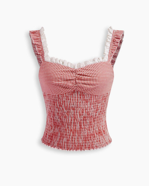 Gingham Sweetheart Neckline Shirred Broderie Trim Crop Top in Red Front View for Women | Littlebox India