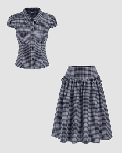 Gingham Top & Low Rise Drawstring Ruched Midi Skirt Set Front View for Women | Littlebox India
