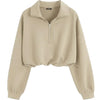 High Neck Loose-Fit Cropped Hem Solid Long Sleeve Hoodie in Beige