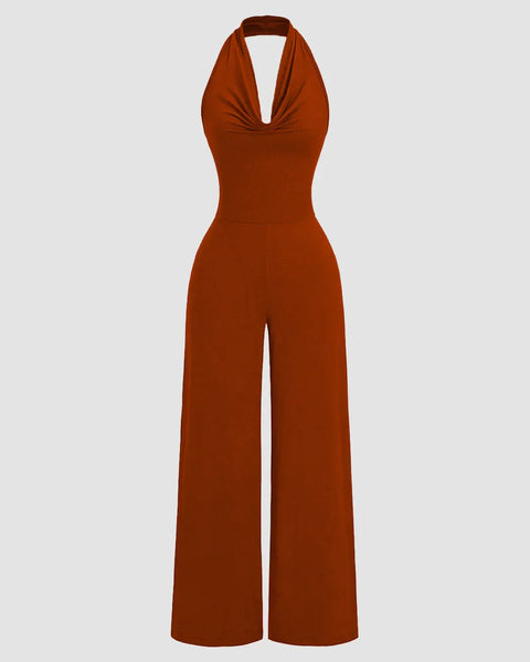Halter cowl neck wide leg jumpsuit in brick brown fabric, showcasing a stylish and elegant design.