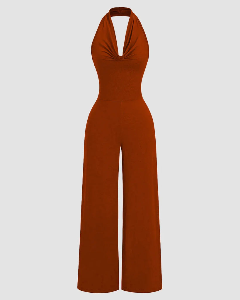 Halter cowl neck wide leg jumpsuit in brick brown fabric, showcasing a stylish and elegant design.