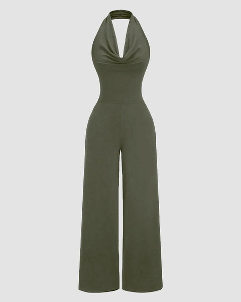 Halter Cowl Neck Wide Leg Jumpsuit in Green Front View For Women | Littlebox India