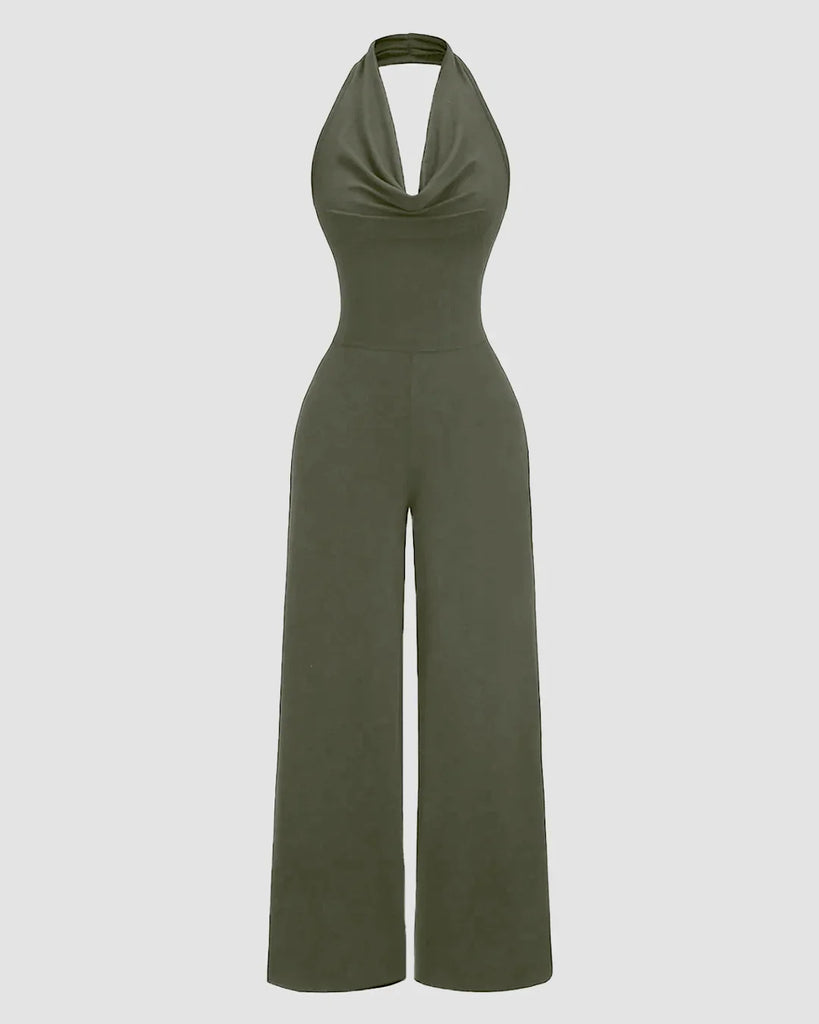 A green bodycon summer dress featuring a high neck and a low back design.
