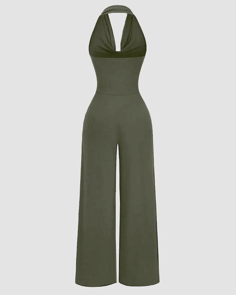 Green halter cowl neck jumpsuit made from soft, stretchy material with wide legs.