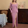 Front view of Pink mesh bodycon maxi dress with cut out detail and thigh high slit, featuring a sleek fitted silhouette