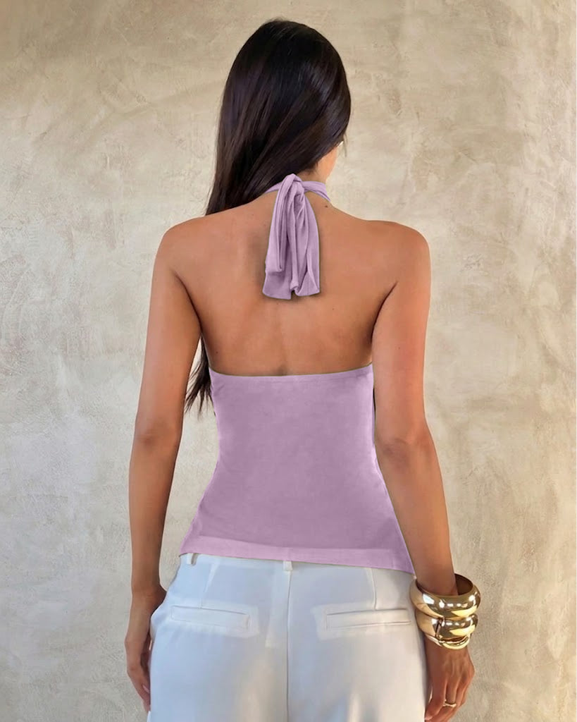 Halter Neck Asymmetric Ruffle Hem Solid Sleeveless Top in Lilac ...