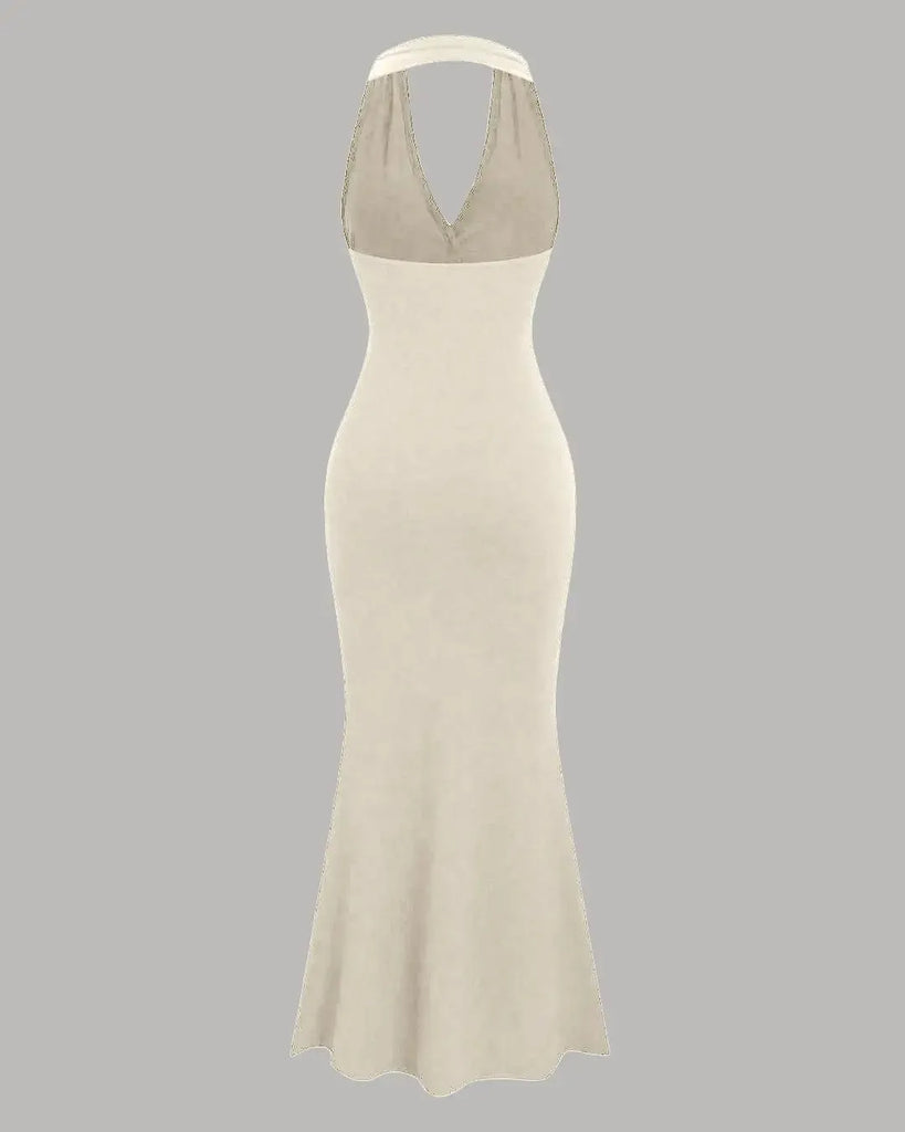 Beige Halter Neck Bodycon Maxi Dress
