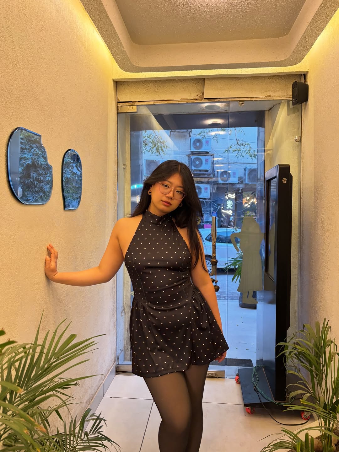 Customer photo 2 of Halter Neck Backless Polka Dot Mini Dress in Black