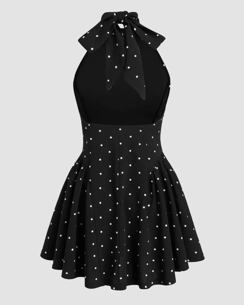 Halter Neck Backless Polka Dot Mini Dress in Black - Littlebox India