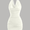 Front view of Milky white halter neck backless bodycon mini dress with ruched detail, featuring a sleek fitted silhouette