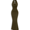 Halter Neck Bodycon Party Wear Maxi Dress in Olive Green Front View for Women | Littlebox India