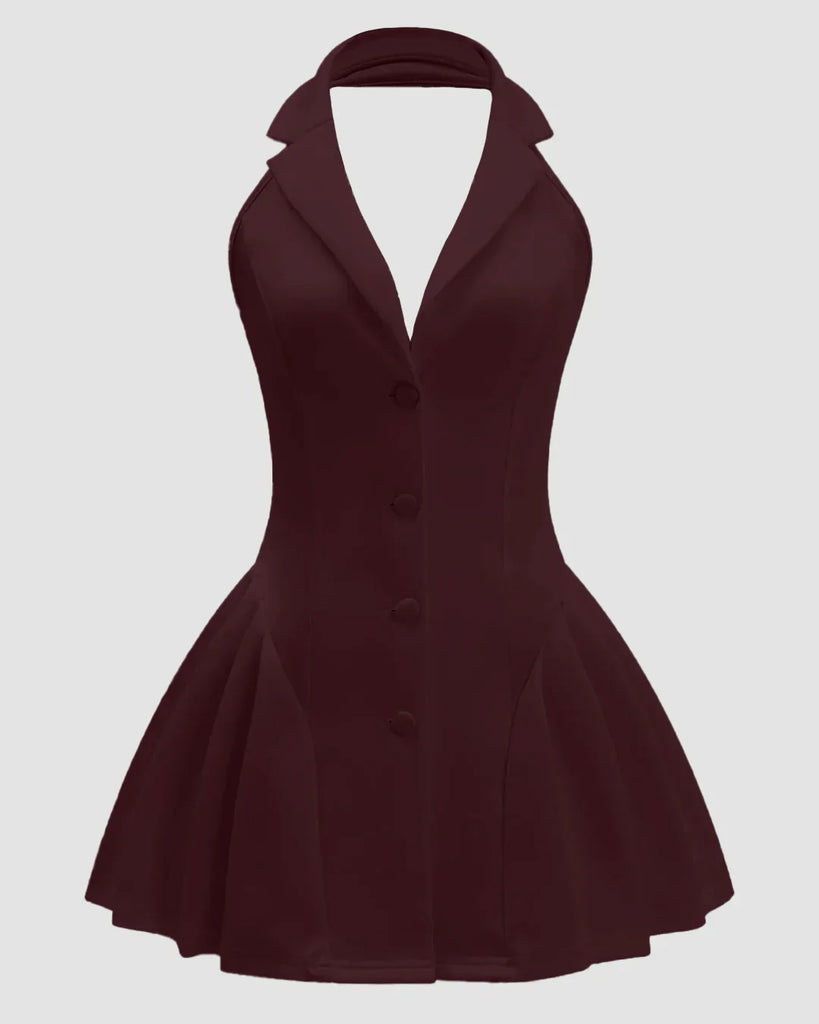A burgundy halter neck mini dress featuring a buttoned neckline and A-line silhouette.