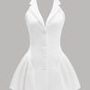 Halter neck white A-line mini dress featuring a buttoned front design.

