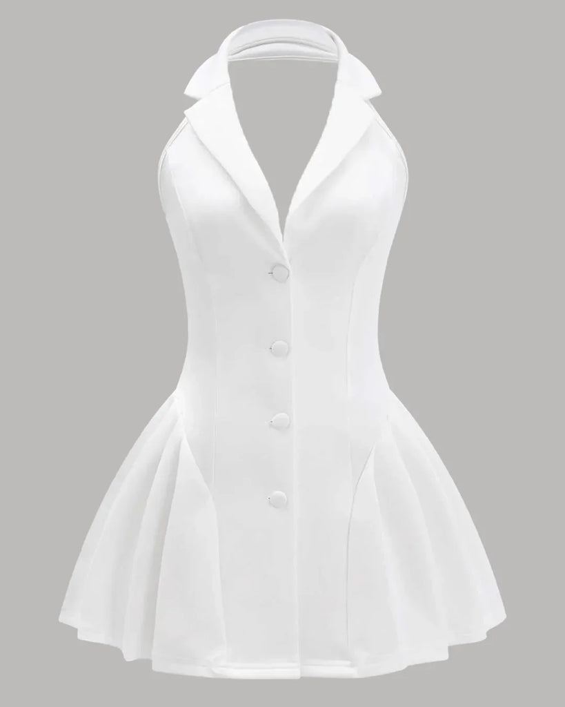 Halter neck white A-line mini dress featuring a buttoned front design.
