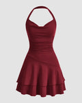 Halter Neck Double Layer Women's Slim Fit Mini Dress In Maroon