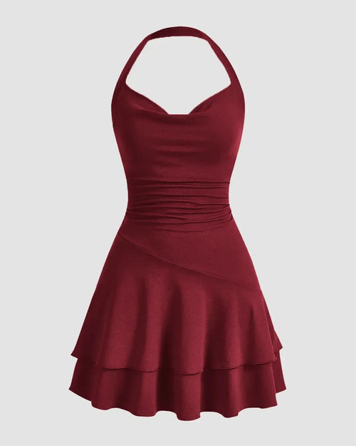 Front view of maroon mini dress featuring a halter neckline and double-layered design for a sleek, structured look.