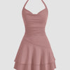 Rose pink slim fit mini dress with halter neck and double-layer finish, perfect for a polished yet feminine outfit.