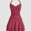 Ruby red halter neck mini dress for women, featuring a slim fit and stylish double-layer design for elegant look.