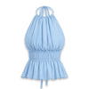 Halter Neck Fitted Flared Hem Solid Sleeveless Top in Baby Blue Front View For Women | Littlebox India