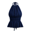Halter Neck Fitted Flared Hem Solid Sleeveless Top in Navy Blue Front View For Women | Littlebox India