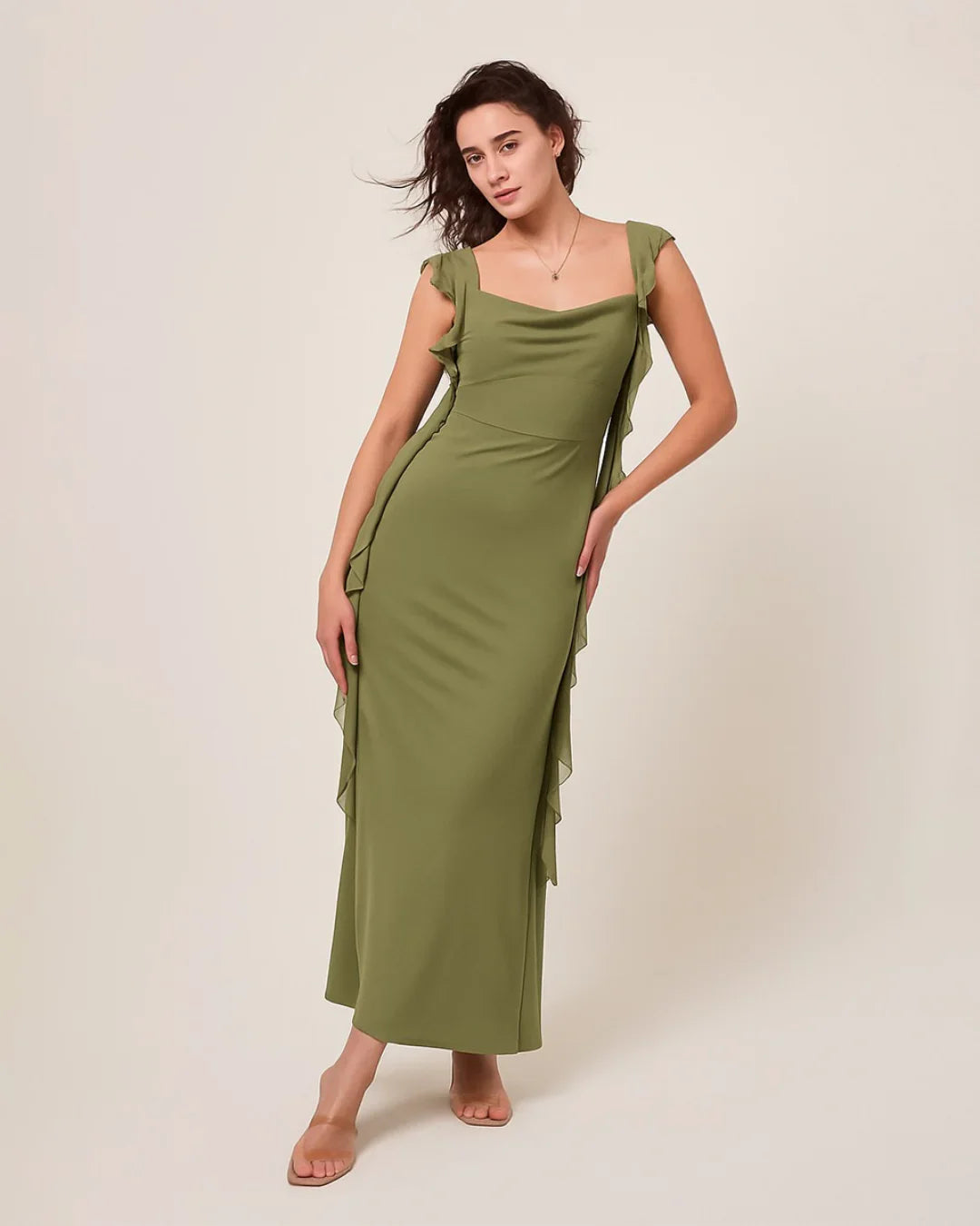 Mesh Ruffle Green Maxi Dress
