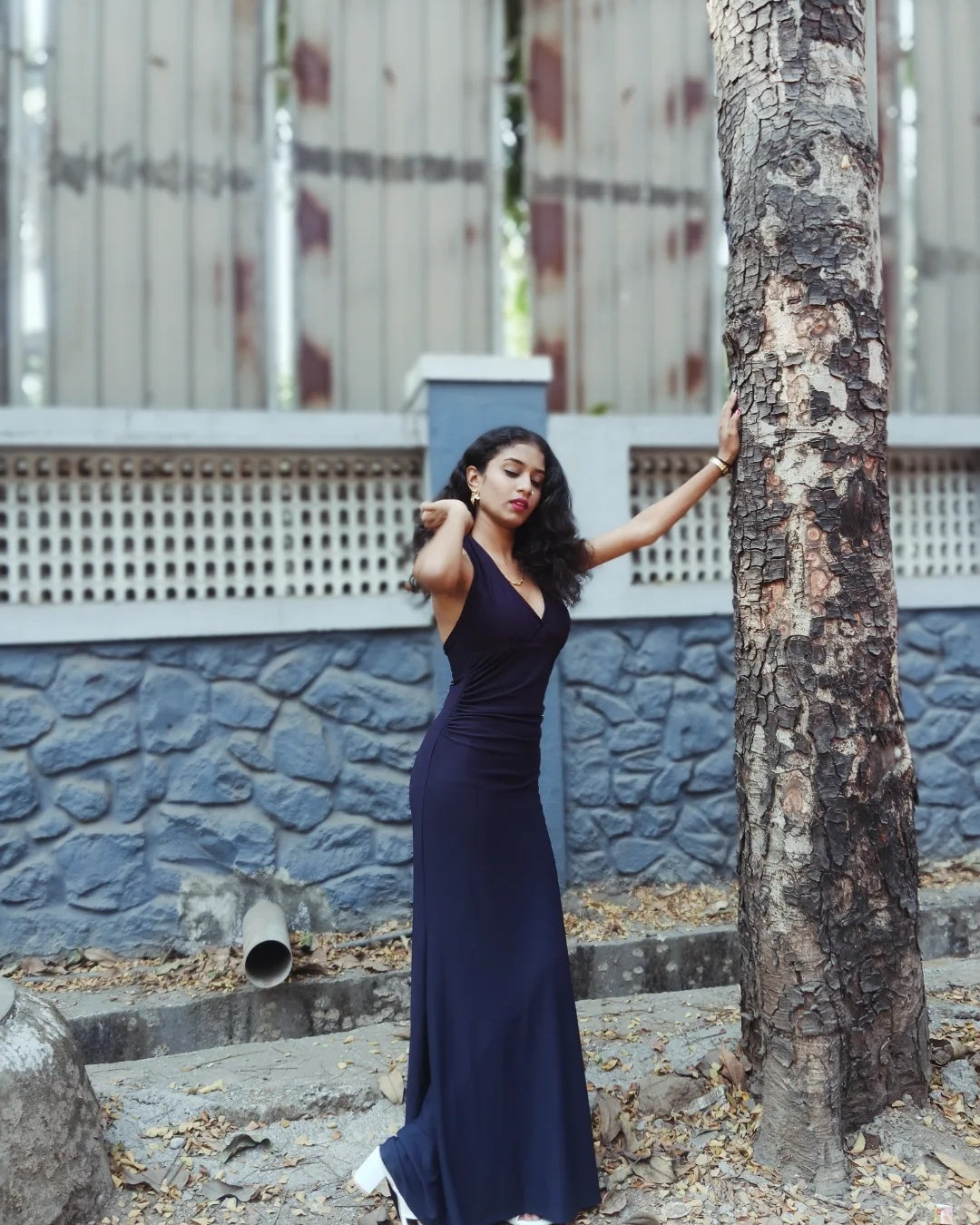 Color Halter Backless Navy Blue Mermaid Dress