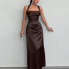 Halter Neck Ruched Backless Long Dress in coffee Front View for Women | Littlebox India