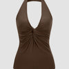 Halter Neck Ruched Top for Women in Brown Front View For Women | Littlebox India