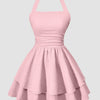 Halter Neck Ruched Waist Tiered Mini Dress in Baby Pink Front View for Women | Littlebox India