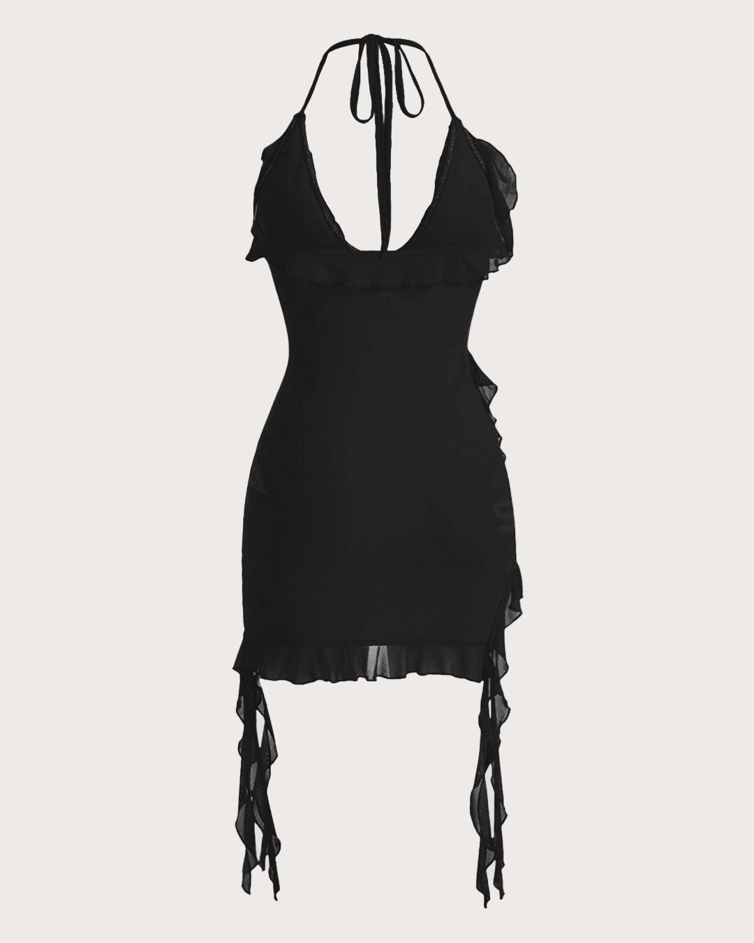 Halter Neck Ruffle Black Mini Dress – Littlebox India