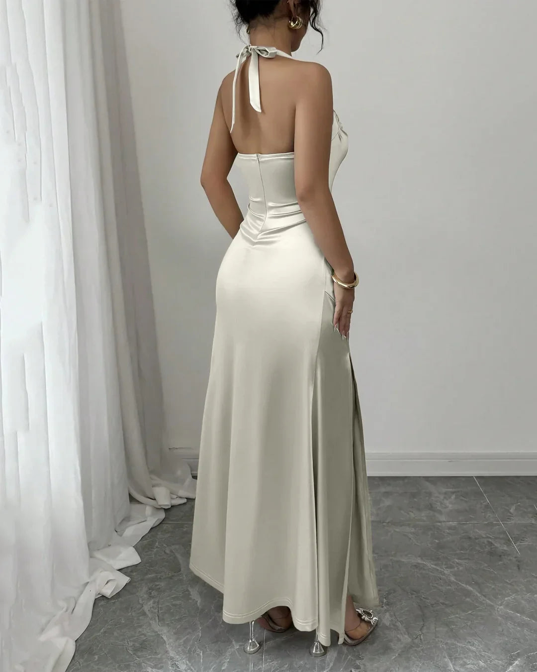 Halter Neck Side Slit Satin Maxi Dress in Off White