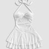 Halter Neck Sleeveless Layered Hem Fit and Flare Mini Dress in Classic White Front View for Women | Littlebox India