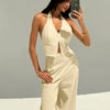 Halter Neck Sleeveless Top with Wide Leg Pants In Beige Front View For Women | Littlebox India