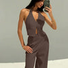 Halter Neck Sleeveless Top with Wide Leg Pants In Brown Front View For Women | Littlebox India