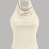 Halter Neck Slim-Fit Straight Hem Solid Sleeveless Crop Top in Beige Front View for Women | Littlebox India