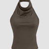 Halter Neck Slim-Fit Straight Hem Solid Sleeveless Crop Top in Brown Front View for Women | Littlebox India