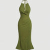 Front view of Olive green halter neck maxi dress with a fitted silhouette and subtle flare hem, offering a sleek and elegant body-hugging look