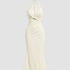 Halter Neck Slim Fit Solid Front Tie Backless Maxi Dress in Milky White Front View for Women | Littlebox India