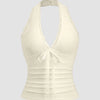 Halter Neck Slim Fit Straight Hem Contrast Lace Backless Sleeveless Top in Beige Front View for Women | Littlebox India