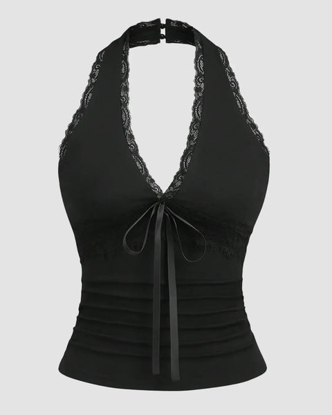Halter Neck Slim Fit Straight Hem Contrast Lace Backless Sleeveless Top in Black Front View for Women | Littlebox India