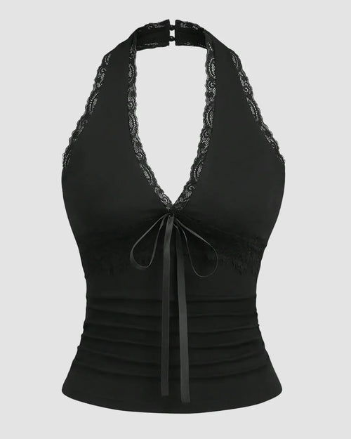 Front view of black backless halter neck top with contrast lace detailing and tie front, featuring a fitted silhouette and sleeveless design