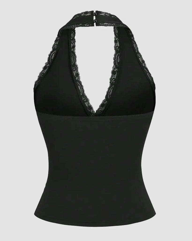 Halter Neck Lace Backless Top Black - Littlebox India