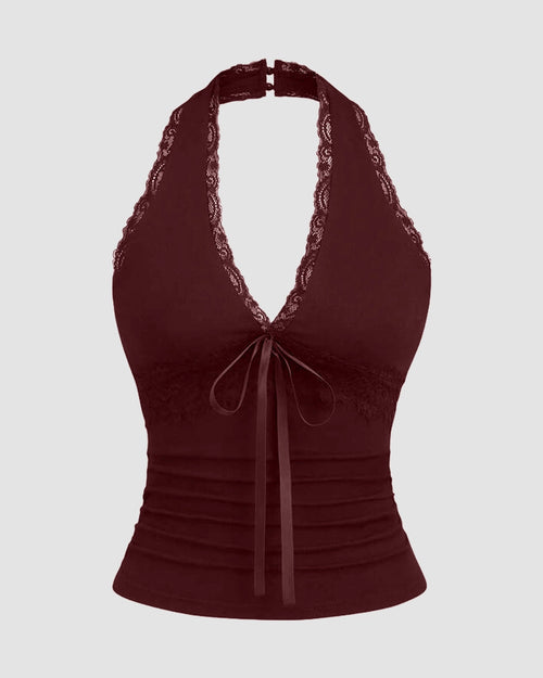 Front view of maroon lace sleeveless top with halter neck, slim fit, backless design and straight hem style.