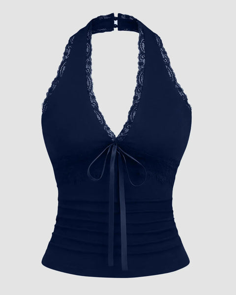 Front view of Navy blue halter neck sleeveless top with contrast lace trim, slim fit and backless design