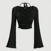 Halter Neck Tie Back Ruched Bell Sleeve Black Cropped Top Front View For Women | Littlebox India
