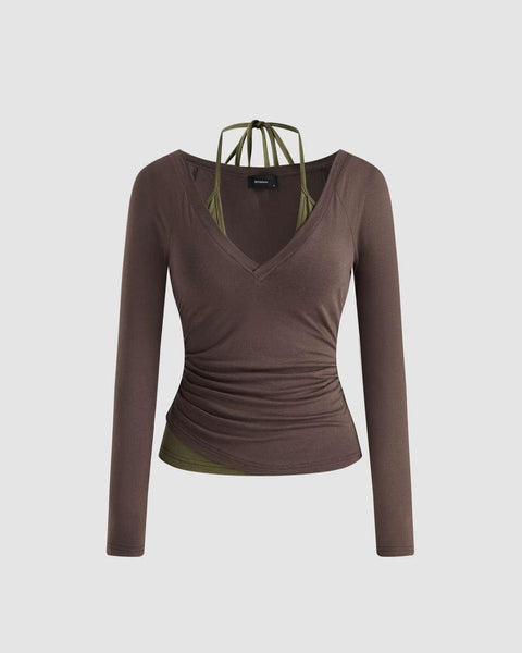 Halter Neckline Long Sleeve Top In Chocolate Brown & Avocado Front View For Women | Littlebox India
